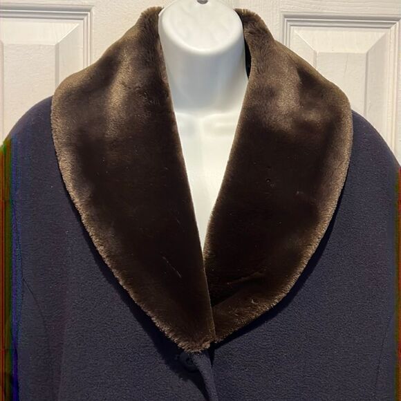 Steilmann Navy Wool Blend Coat With Brown Faux Fur Collar Size 10 - Picture 2 of 13